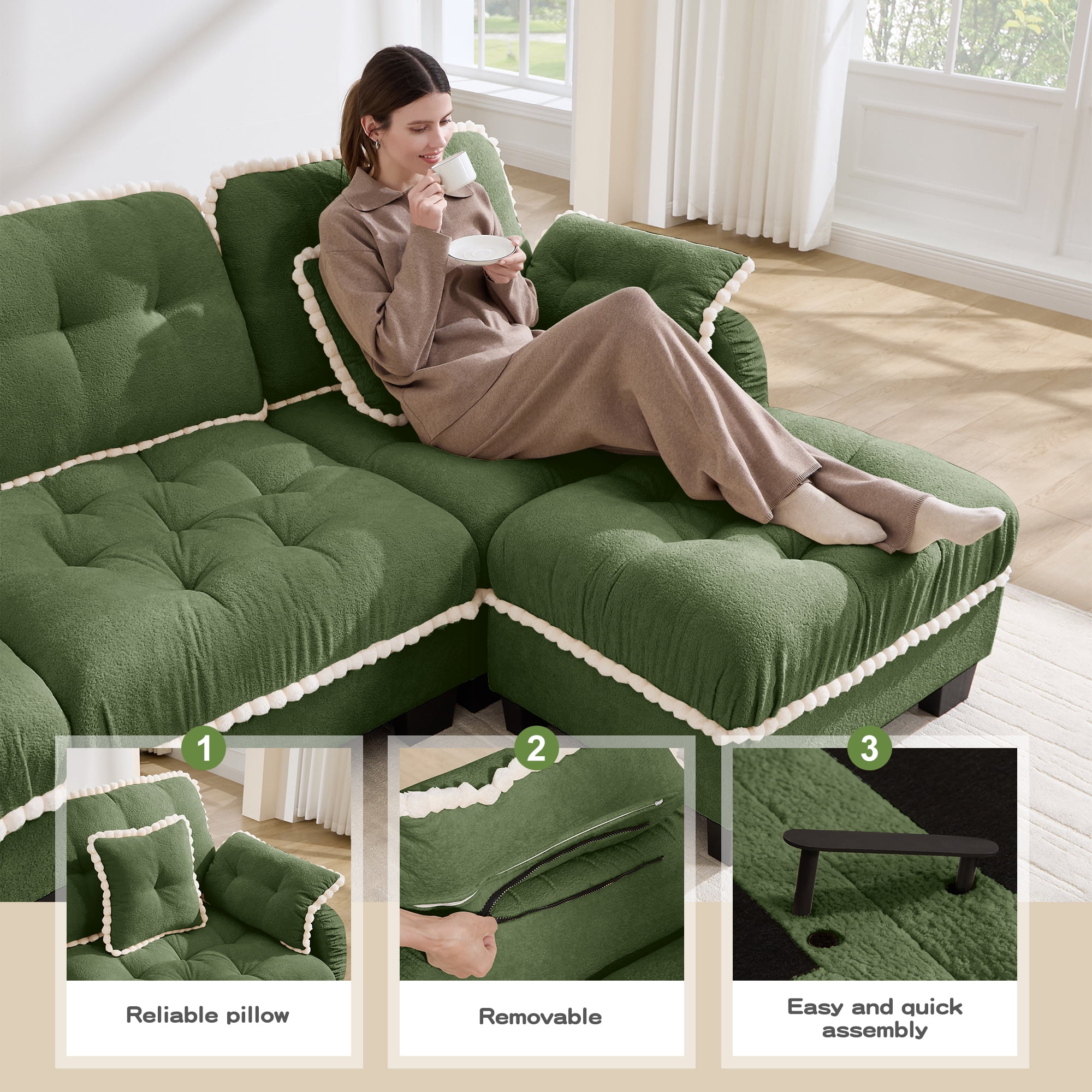 Anpport 70" Chenille Cloud Loveseat with 4 Pillows, Pom‑Pom Trim, Quilted Tufted Ergonomic, Easy Assembly Deep Seat for Living Room Apartment, Green