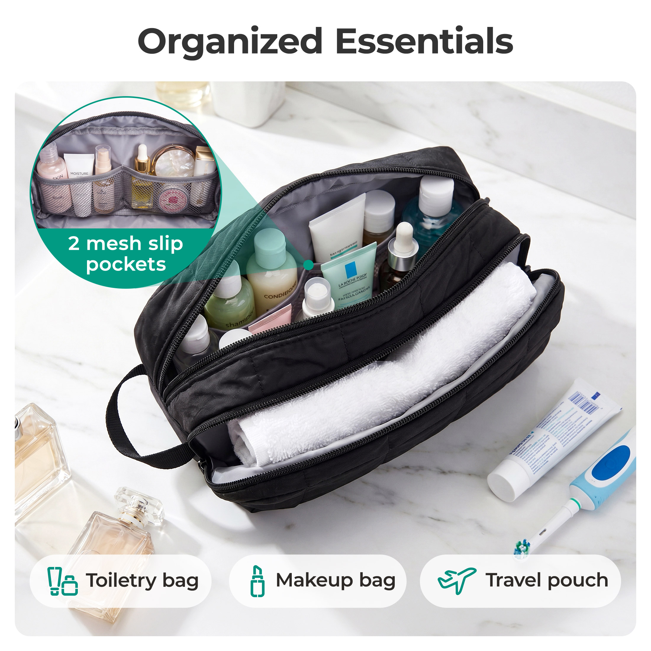 Bagsmart Travel Toiletry Bag, Grid Quilted Black photo 4