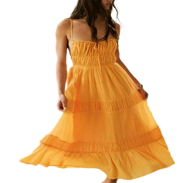 Femmes Été Robes Longues Bretelles Spaghetti Dos Nu Tiered Maxi Robe
