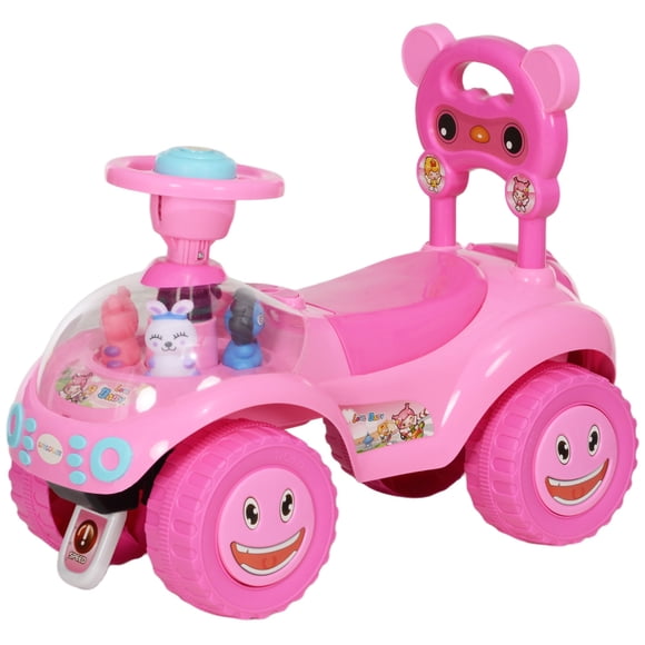Qaba Pink Ride On Push Car with Music, Lights, Horn, and Under-Seat Storage; Safety Backrest and Anti-Tip Design; Foot-to-Floor Scooter for Indoor Play; 24.4" L x 19.1" H