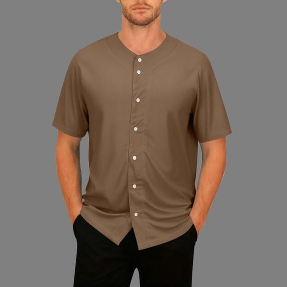 Men's Collarless Shirts Button Down Short Sleeve Summer Shirt Fashion Casual Breathable Beach Vacation Shirts (Brown,S)