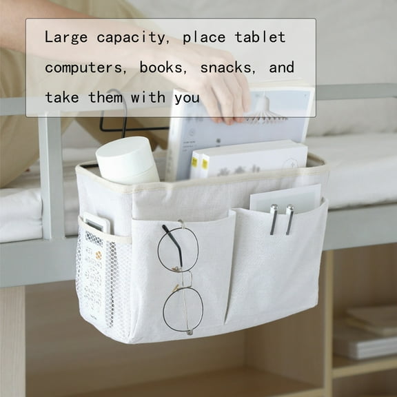 Bedside Caddy, Bedside Storage Bag Hanging Organizer, for Bunk and Hospital Beds,Dorm Rooms Bed Rail,Can be Placed Glasses,Books,Mobile Phones,Keys (White)