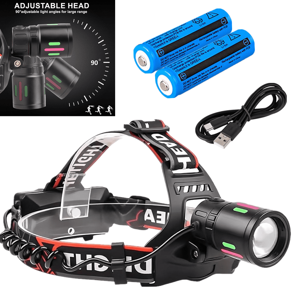 USB Rechargeable LED Headlamp Zoomable 3 Modes 30W Super Bright Head Lamp with 2 x 18650 Batteries Type-C Charging 90 °   Swivel Head for Camping Hiking Fishing Work Emergency Night Gear