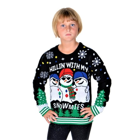 Ugly Christmas Sweater Bow Dress SoCal Look Boys Ugly Christmas Sweater Chillin with Snowmies Black ()