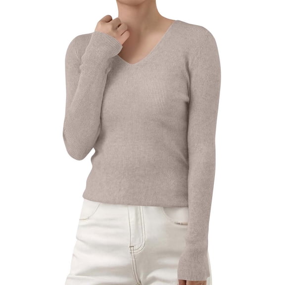 ManxiVoo Women's V-Neck Ribbed Knit Sweater Slim Fit Winter Soft Stretch Comfortable Versatile Layering Top L Size Khaki