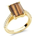 thumbnail image 2 of Gem Stone King 18K Yellow Gold Plated Silver Brown Tiger Eye and White Created Sapphire Women Ring (3.26 Cttw, Available in Size 5, 6, 7, 8, 9), 2 of 6
