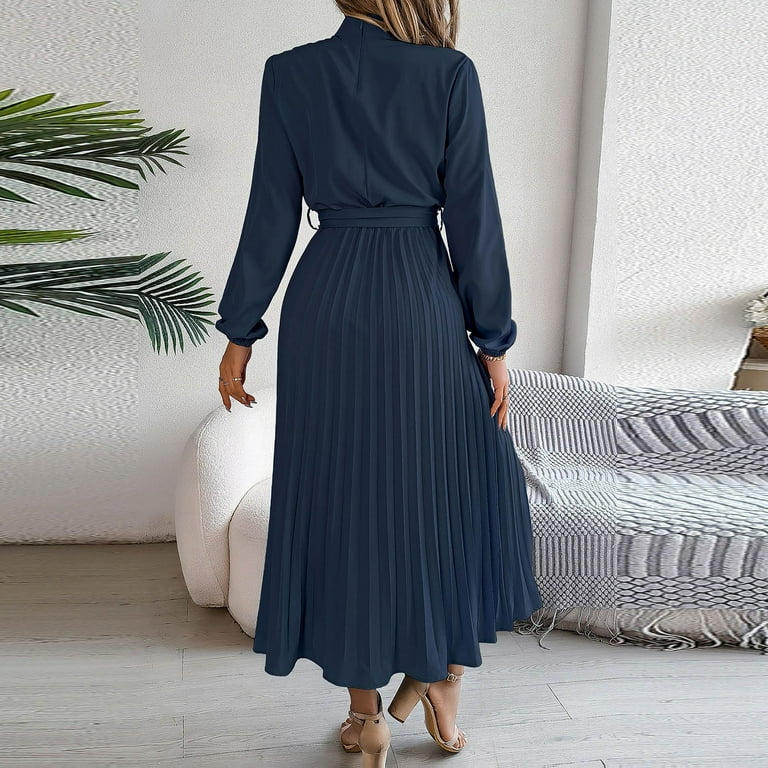 open lace back dress ZESICA Fall Crewneck Knit A Line Pleated Flowy Long Dresses with Belt –  zesica main image 0