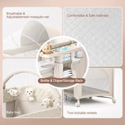 Babyomi 4 in1 Baby Bassinet with Diaper Changer, Long Next to Bed Crib with Mattress, Height Adjustable, Pack and Play, Bedside Crib Sleeper, Beige