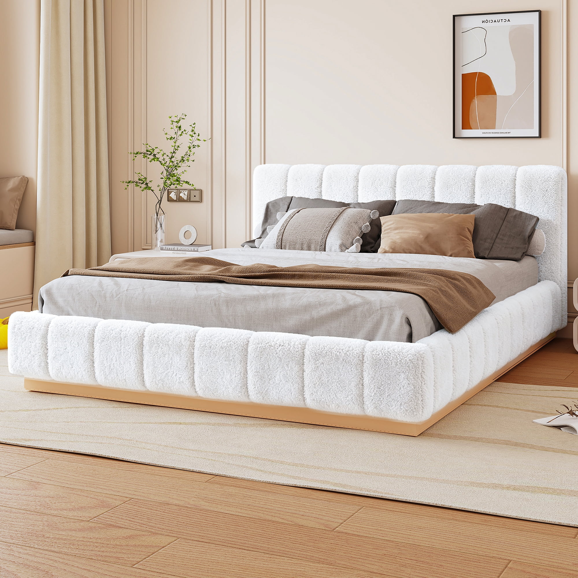 Euroco Boucle Upholstered Queen Size Platform Bed, White