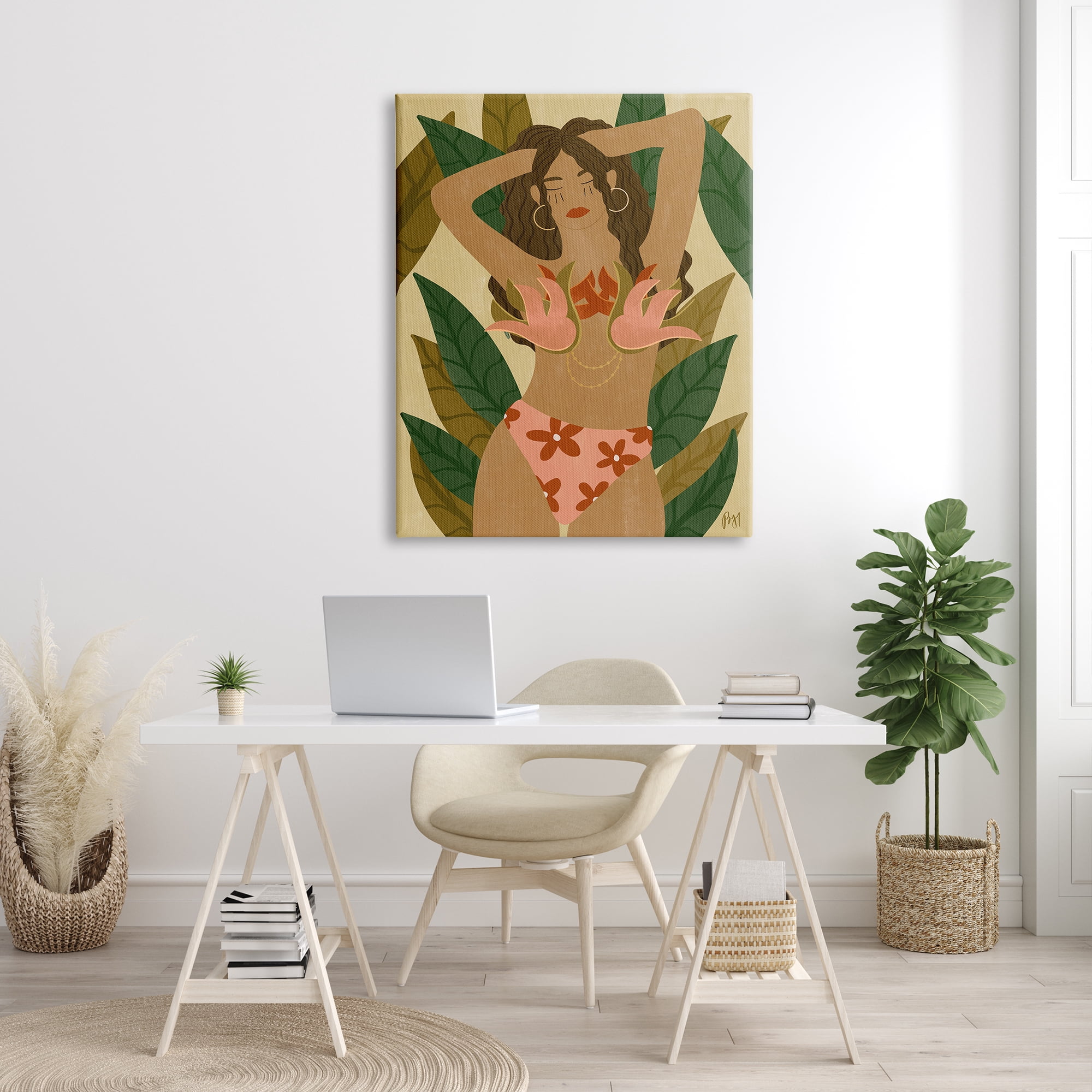 Stupell Indtries Female in Fierce Pink Bikini Over Tropical Plants,36 x 48,Design by Birch&Ink