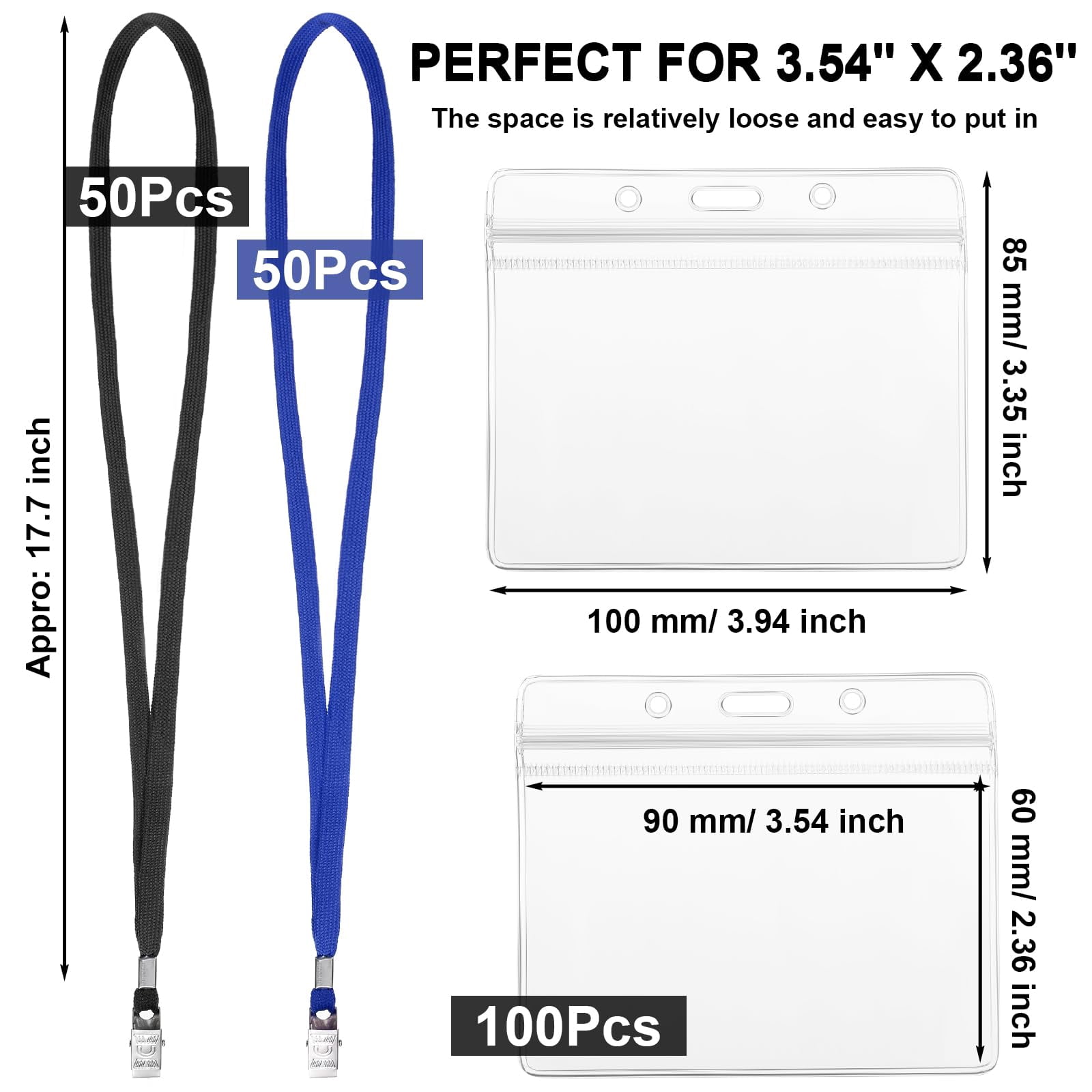 100 Sets Clear Name Tags With Lanyard  Lanyards For Id Badges Reusable Strap Holder Plastic Adults Business School Church Conference (black Blue)
