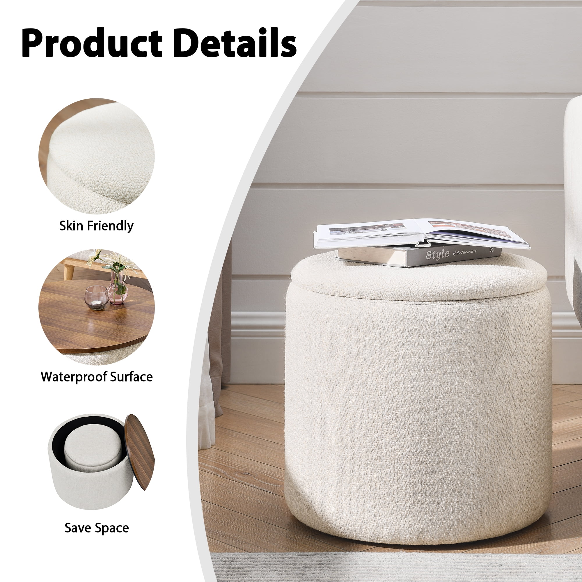 Aukfa 2-Piece Round Storage Ottoman Set,Chenille Coffee Table Footstool & Vanity Stool for Living Room/Bedroom/Entryway,Beige