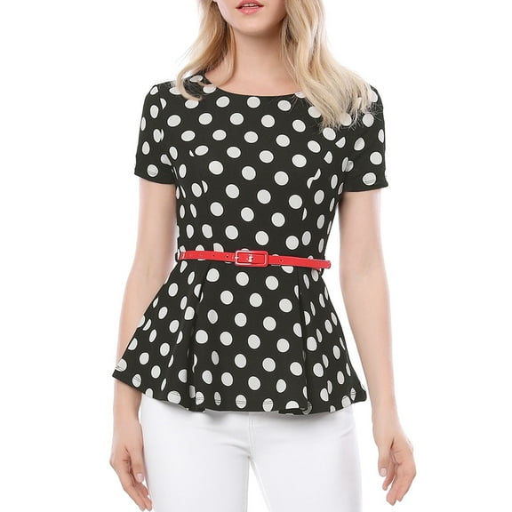 INSPIRE CHIC Women's Round Neck Short Sleeves Polka Dots Peplum Blouse with Belt XS Black