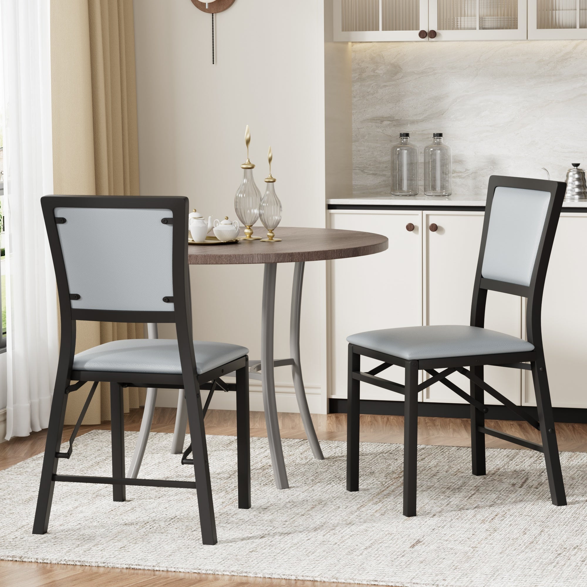 VECELO Dining Chairs Set of 2, Space-Saving and No Assembly, High Back PU Upholstered Folding Chairs with Metal Frame for Kitchen and Living Room, Grey
