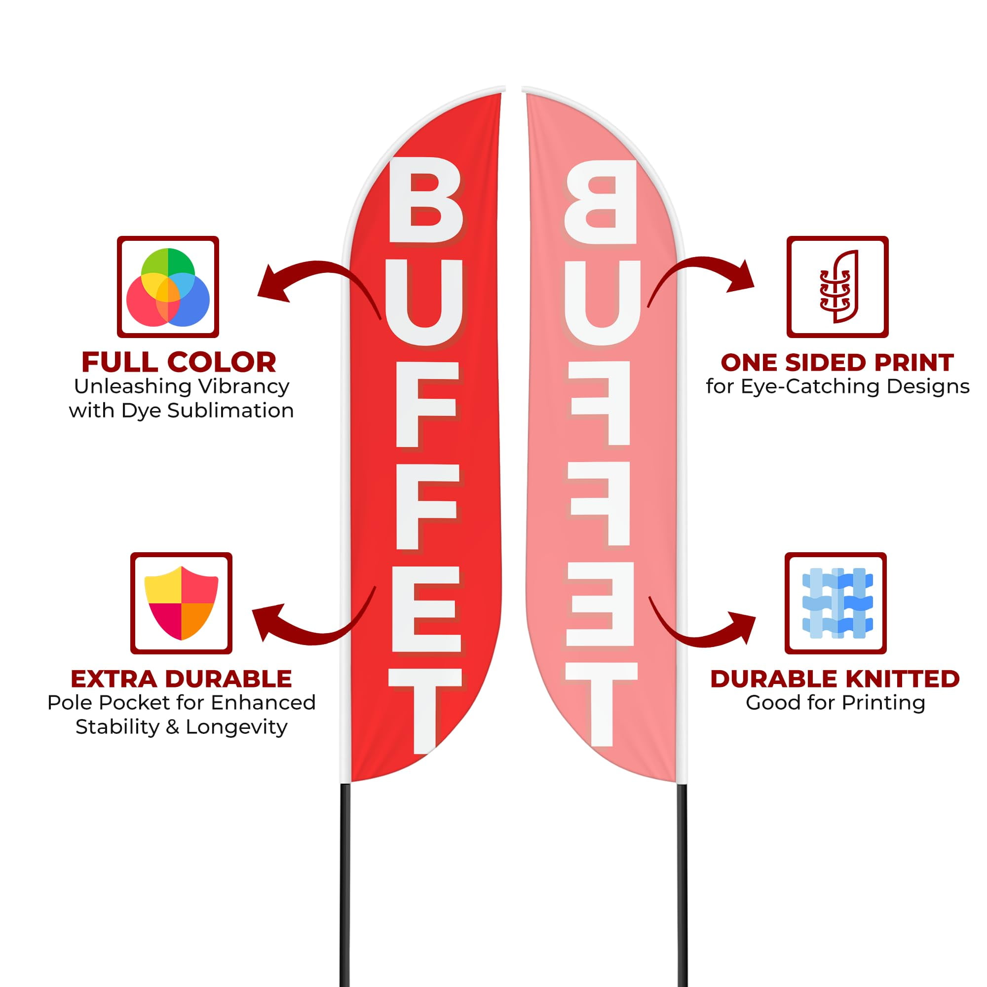 Buffet Sign feather flag Pole Mount for Outdoor by Mavis Print | 15 FEET Long Polyester Outdoor Banner Flag with Pole Kit for Easy Hang | HD Print Swooper Flag Pole Mount for Food Advertising ade