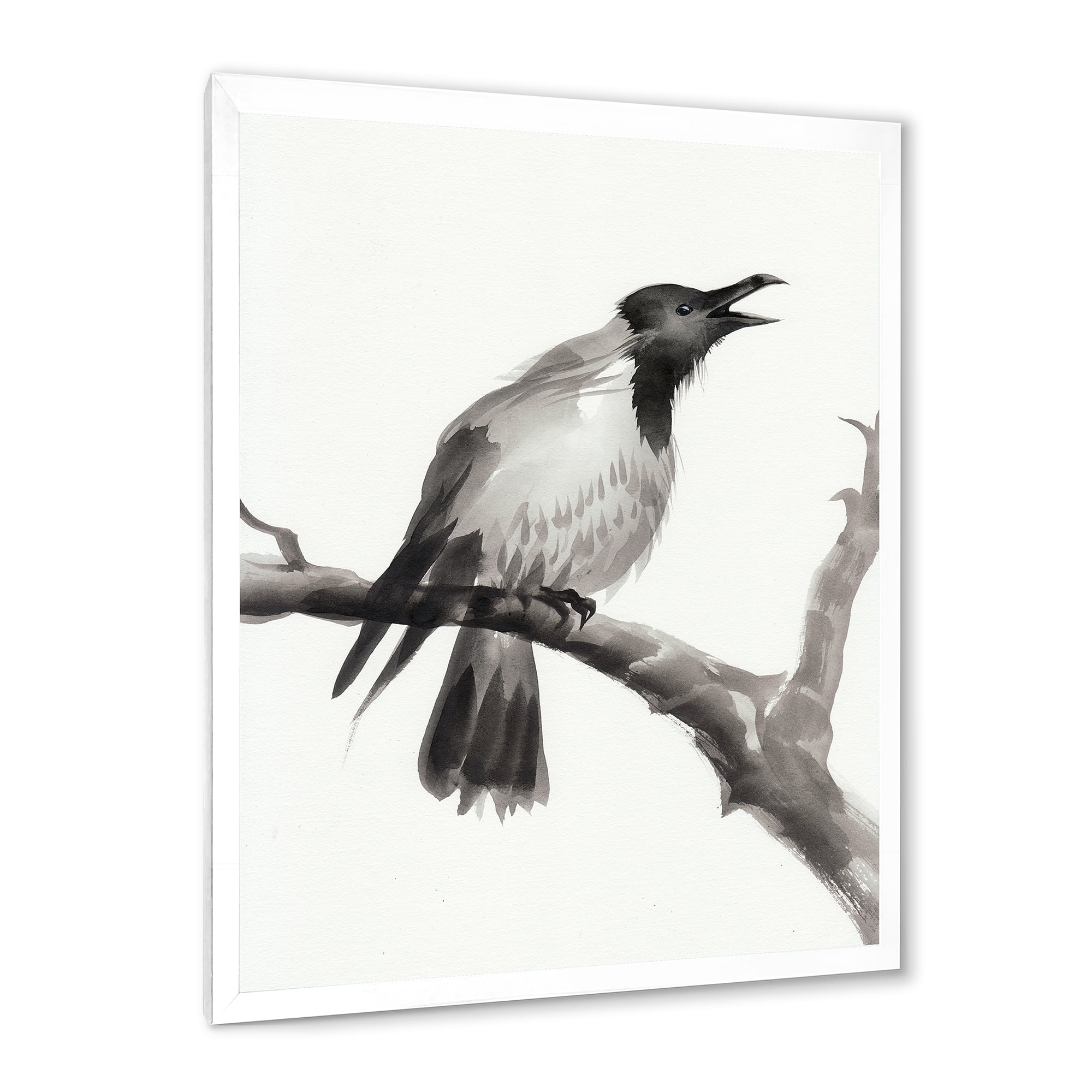 Designart 'Monochrome Crying Crow On A Branch' Traditional Framed Art Print