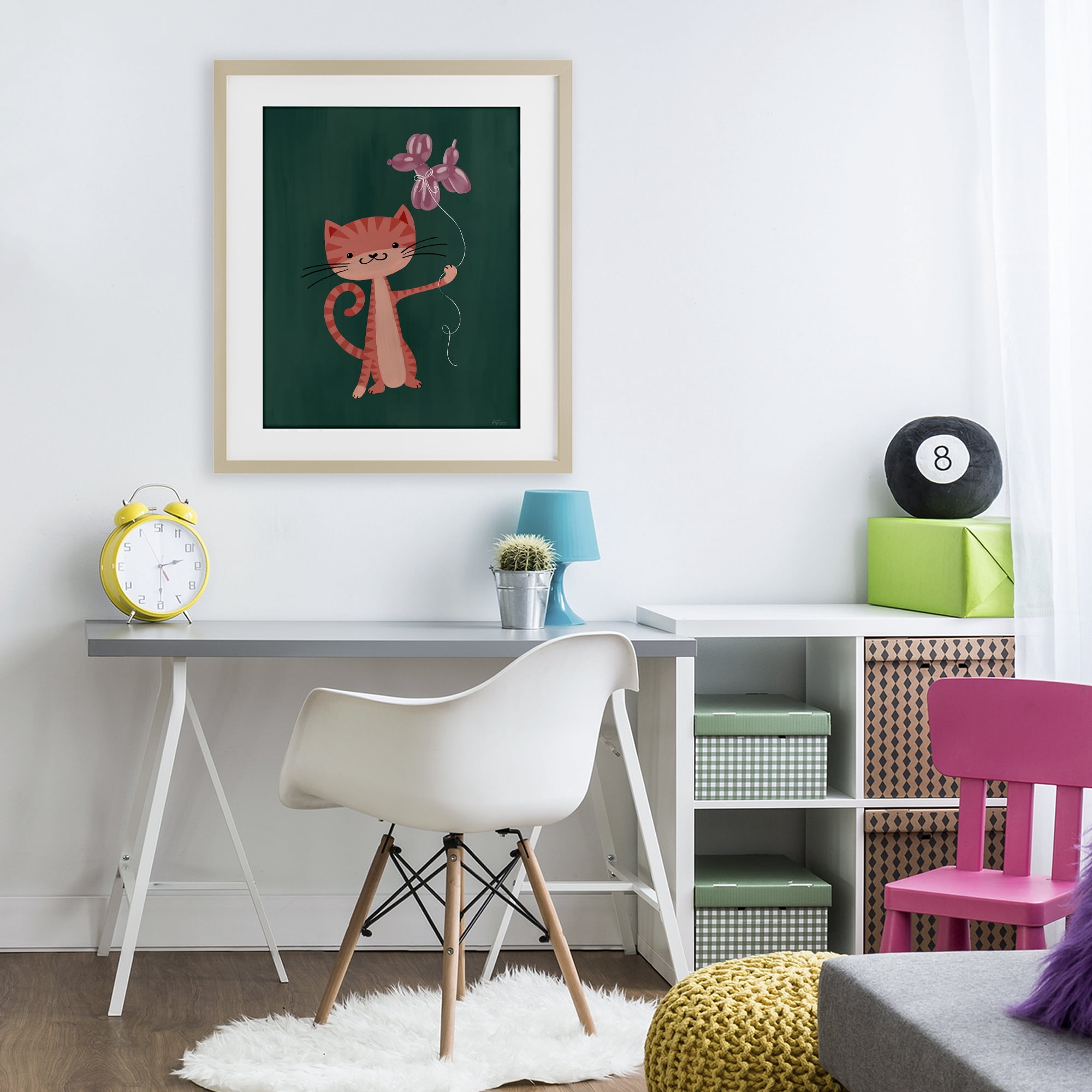 Stupell Industries Balloon Buddy Cat Birch Framed Print Under Glass, design by Cat Thurman Designs