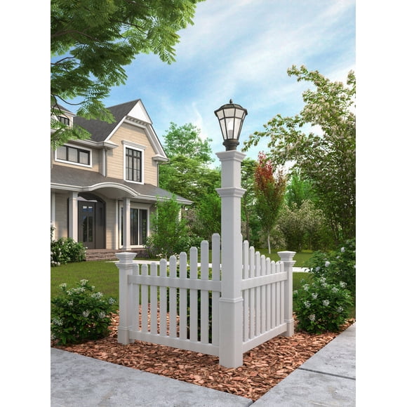 Vita Classic Corner Picket Fence and Lamp Post, White Vinyl, VA94440