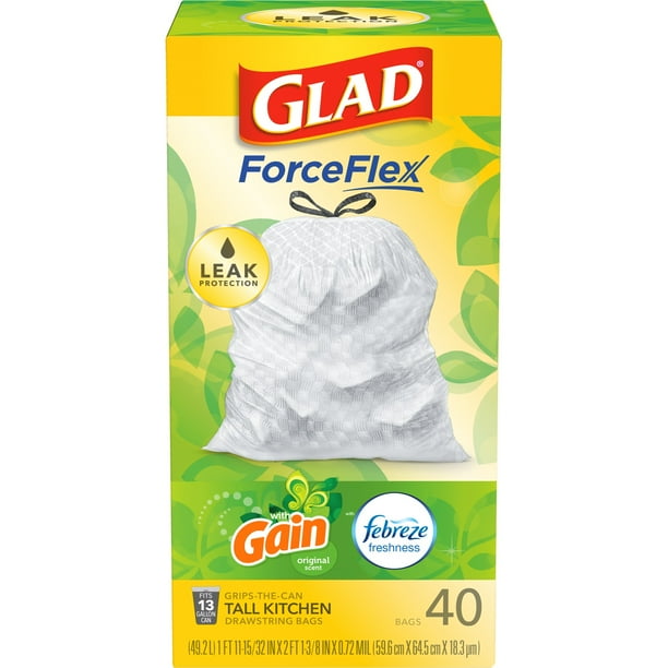 Glad Forceflex Tall Kitchen Trash Bags 13 Gallon 40 Count Gain Original Scent Walmart Com Walmart Com