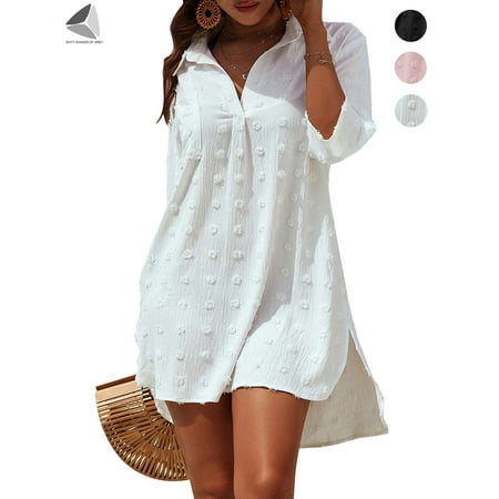 PULLIMORE Womens Swimsuit Coverups Swiss Dots Bikini Swimwear Beach Cover Up Dress Shirt (S  White)