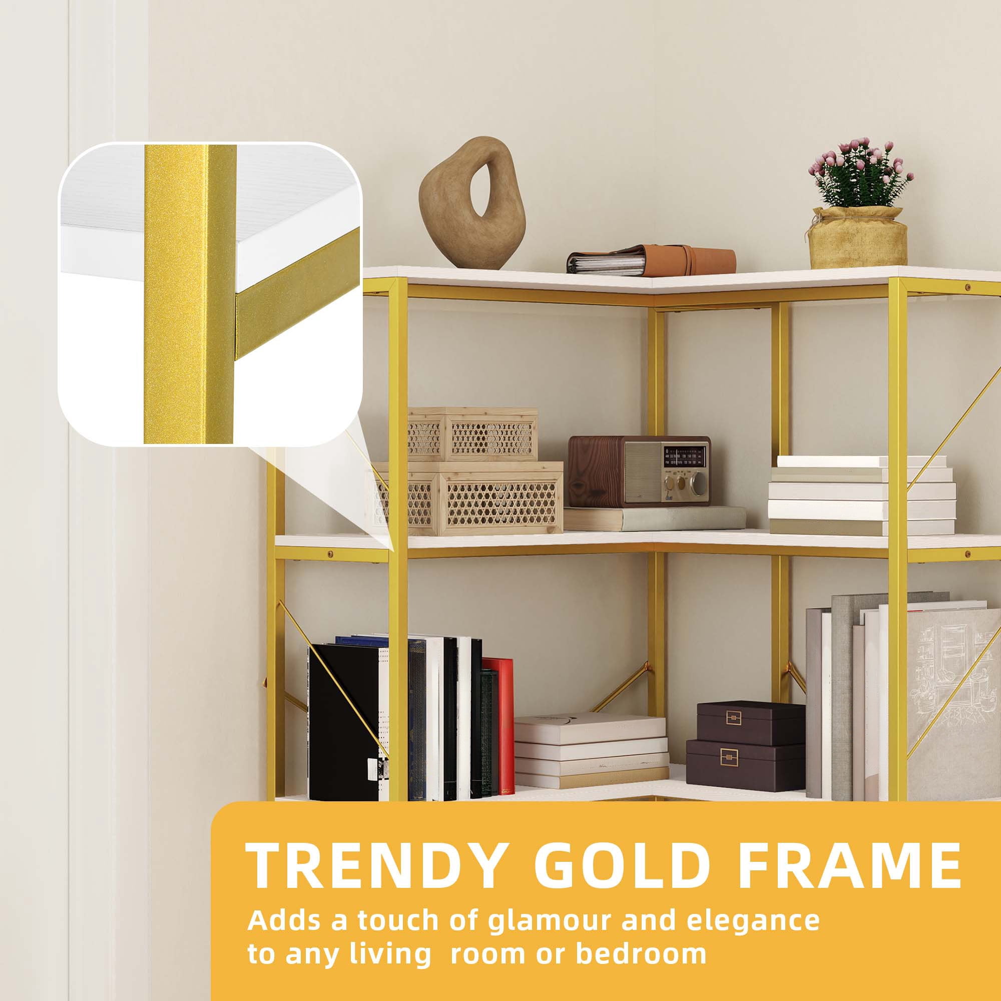 Uforic 5-Tier Corner Bookshelf, Corner Shelf Display Bookcase with Metal Frame for Home Office, Gold