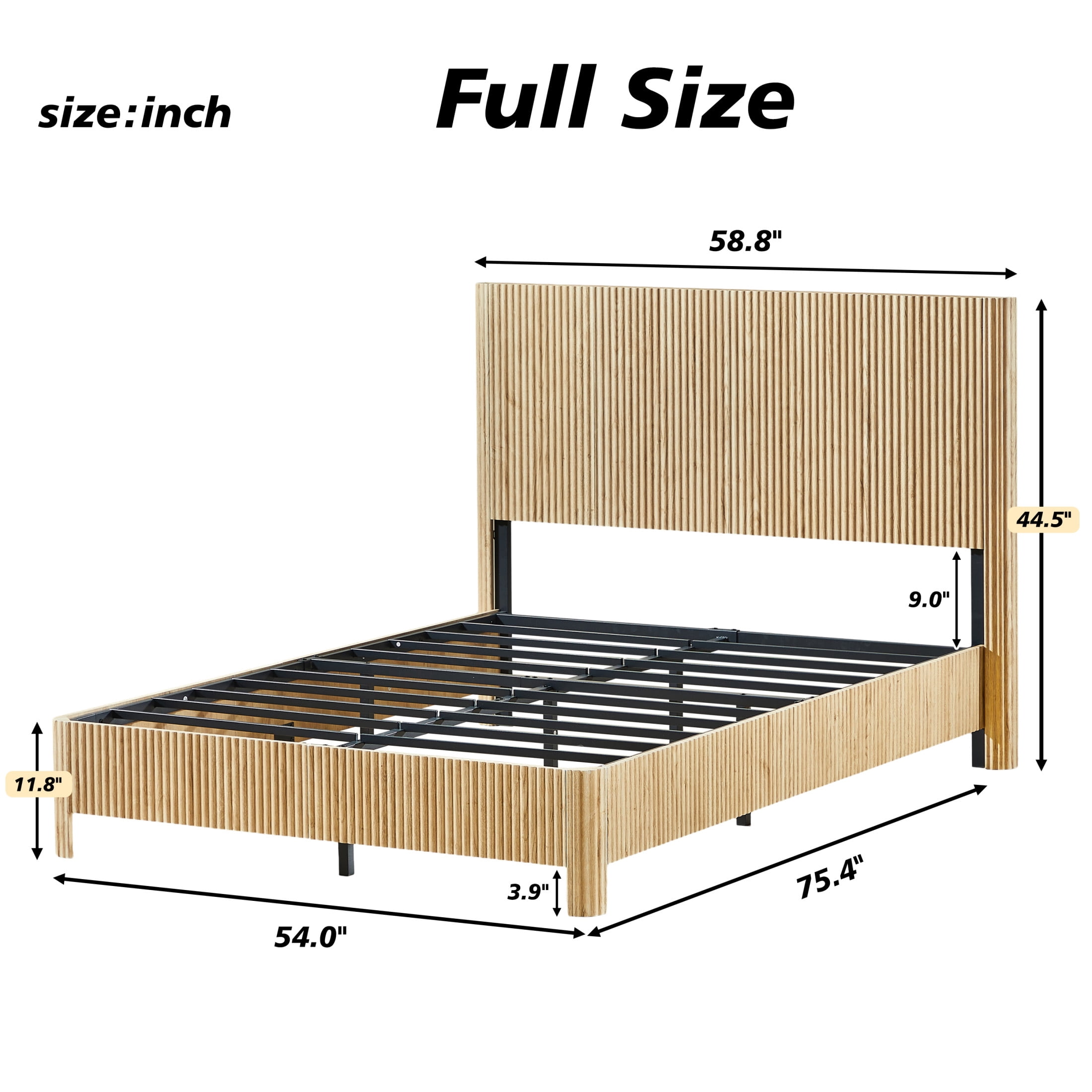Noble House Solley Full Platform Bed, Rustic Curved Wooden with Corrugated Accents, Heavy-Duty Frame, Oak