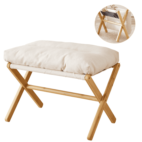 IAJXWI Bamboo Footrest, Folding Footrest Stool with Thick Cotton Cushion for Living Room