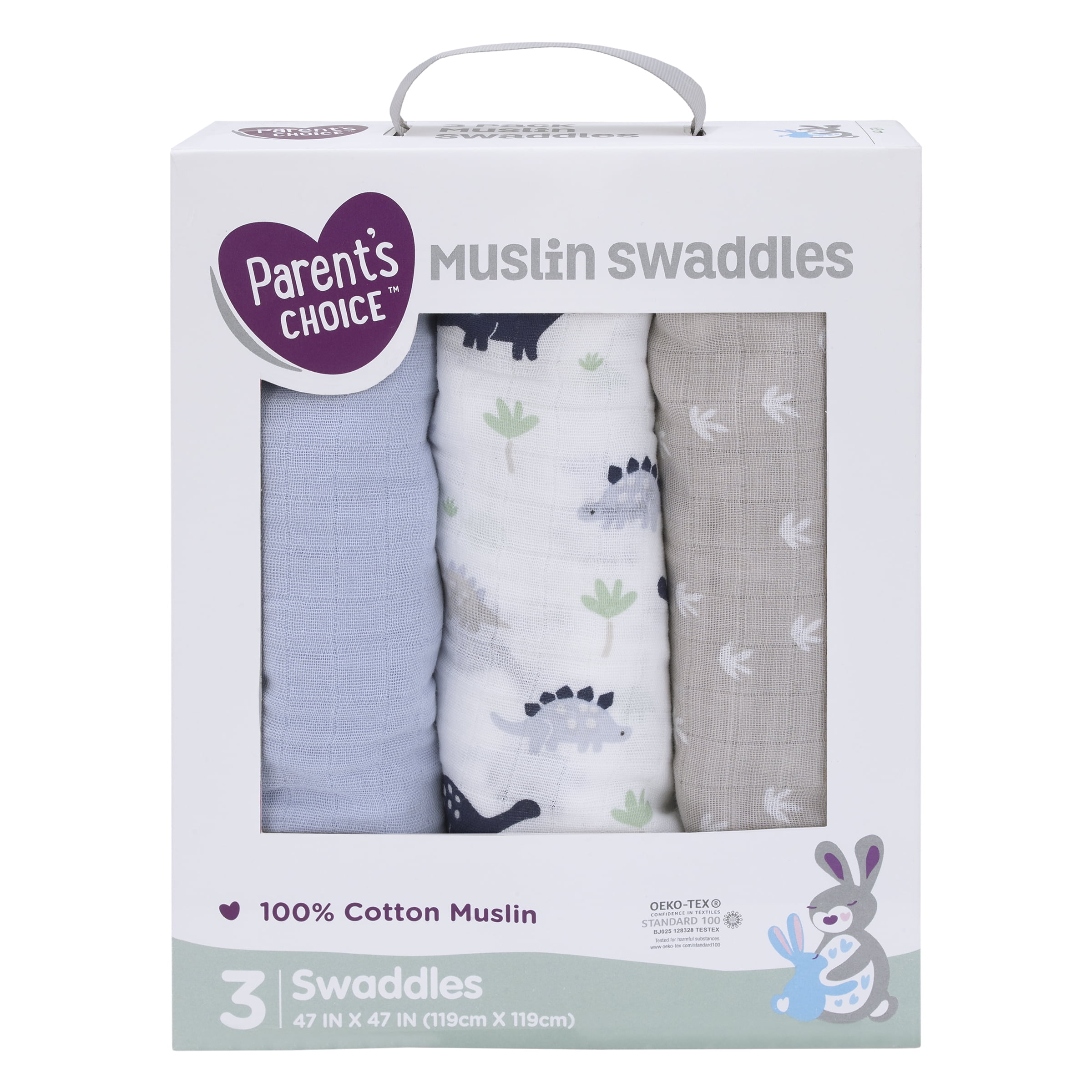 Parent's Choice 3pk Muslin Swaddle Blanket Blue Boy Dino