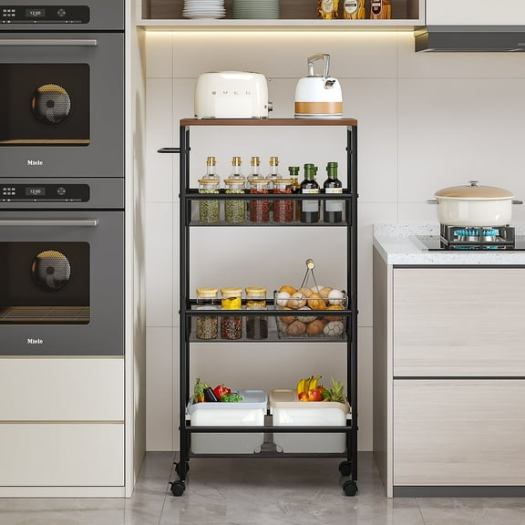 VECELO 4 Tier Slim Storage Cart Organizer, Metal Frame Narrow Rolling Cart on Wheels with Handle for Kitchen, Bathroom, Laundry Room