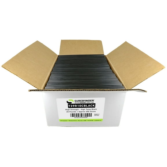 739R10CBlack High Strength Wood Hot Melt Glue Sticks - 7/16" x 10" | 25 Lb Box