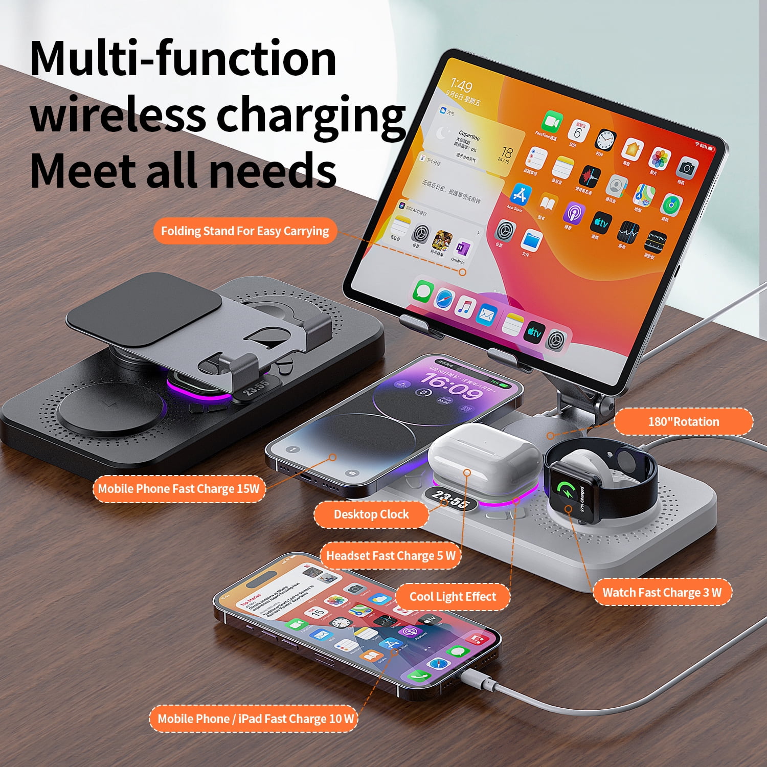 4 in 1 Fast Charging Station for iPhone, Wireless Charger for iPhone16/15/14/13/12 Series, iPad, Apple Watch, AirPods, Android Samsung Series and More, Black