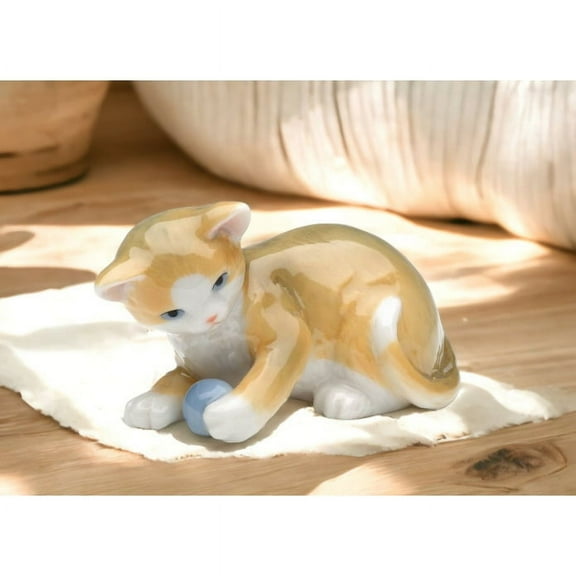 Ceramic Cat Playing with Toy Figurine 3in Gift for Cat