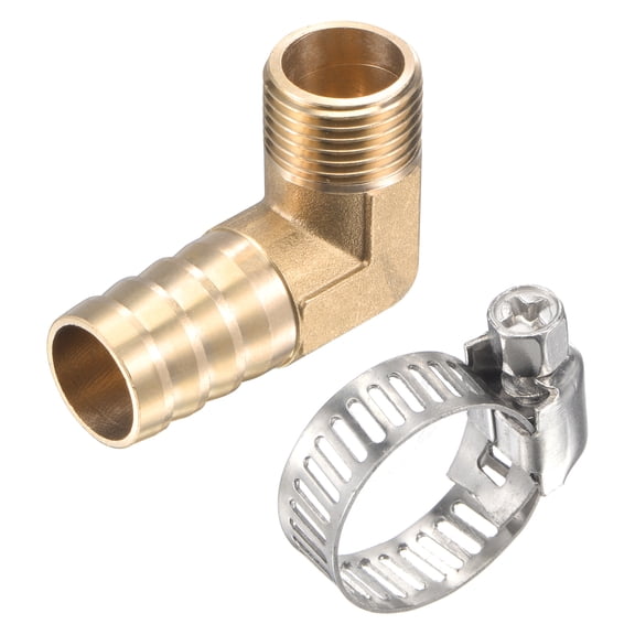 Uxcell 19mm Barb x G1/2 Male Thread Right Angle Brass Hose Fitting Elbow with Stainless Steel Hose Clamp