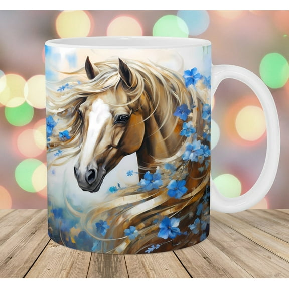 Gold Horse Mug 11Oz Mug Blue Flowers Mug Mug | Ceramic Coffee Cup | Decorative Home Kitchen Drinkwear | Funny Birthday Christmas Gift