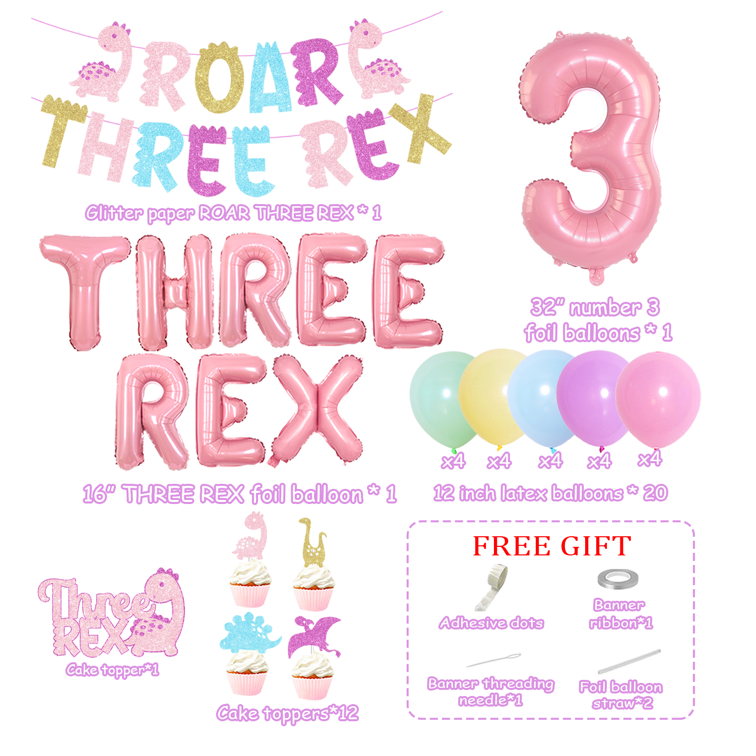 Pink Cute Dinosaur 3rd Birthday Party Decorations with ROAR THREE REX Glitter Banner, Macarone Dinosaur Cupcake Toppers and Number 3 Foil Balloons for Three Years Old Girls Birthday Party Supplies