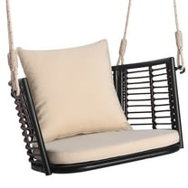 FASCK Porch Swing Patio Hanging Rattan Basket Chair, Swing Hammock Chair with Seat Cushion & Back Cushion, PE Rattan, Sturdy Metal Frame, Wicker Hanging Rope Swing Chair