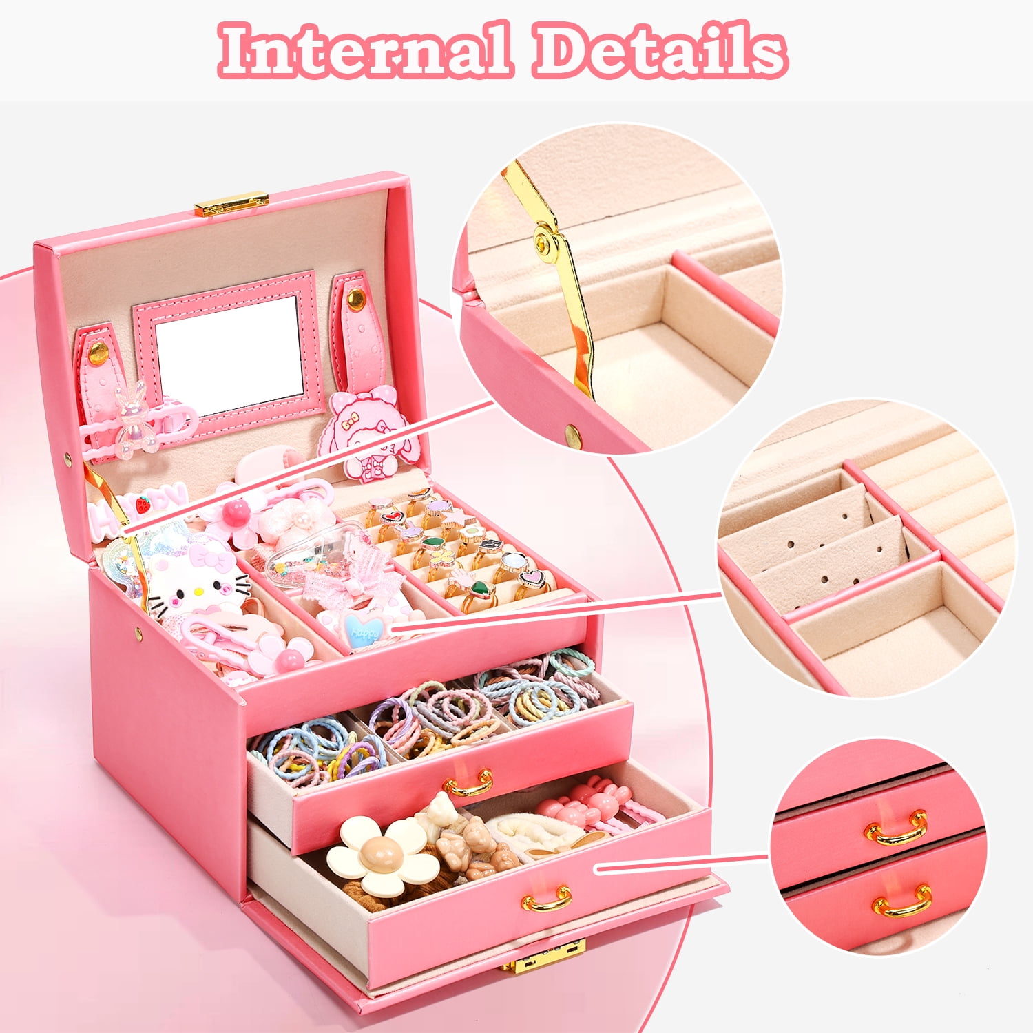 JoyStone 3 Layer Leather Jewelry Box Built-in Mirror, Portable Travel Jewelry Storage Case with Lock, Gift Jewelry Case for Women Girls,Pink