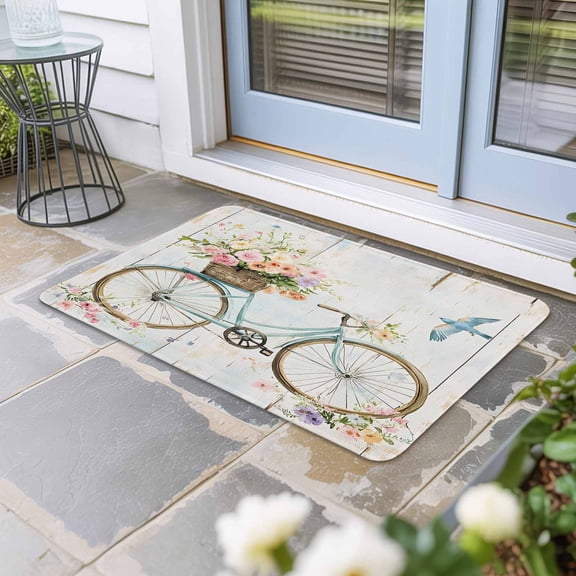 Vintage Floral Bicycle Door Mat Indoor Outdoor, Spring Farmhouse Bird Wood Non Slip Welcome Mat with Rubber Backing, Absorbent Fabric Front Door Mats Entryway Rug for Home Patio Entrance 18"x30"