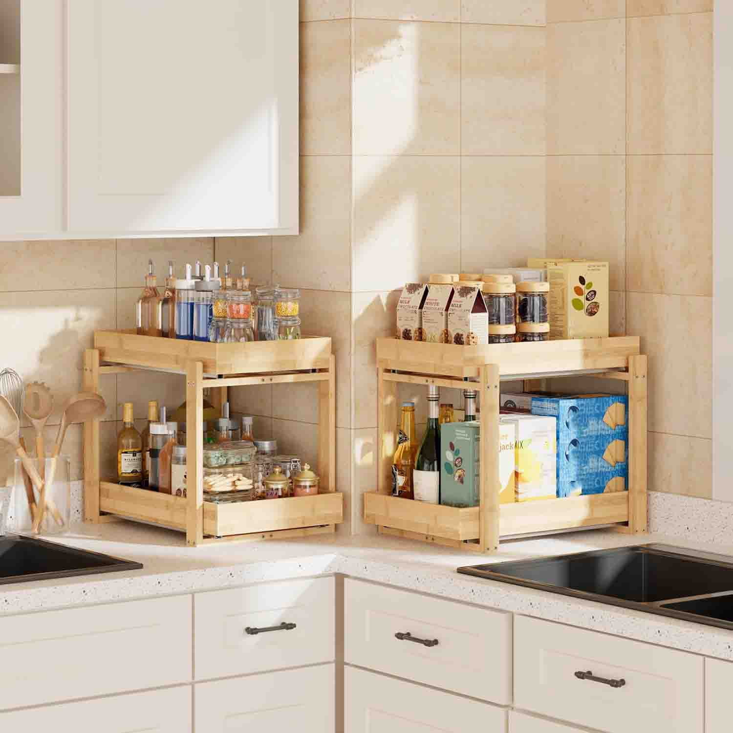 Under Sink Organizer, Bamboo Wooden 2-Tier Pull-Out Storage with Sliding Drawers for Kitchen and Bathroom Cabinets, Easy Installation