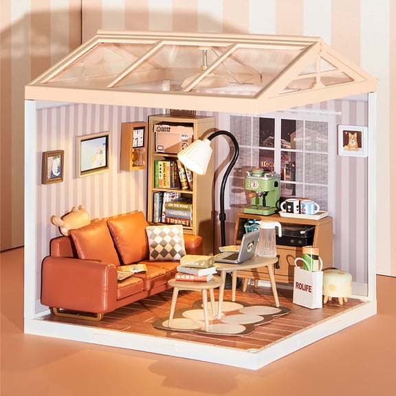 ROBOTIME Cozy Living Lounge Super Creator Plastic Dollhouse Building Set,DIY Miniature House Playset with LED,Gifts for Teens Adults