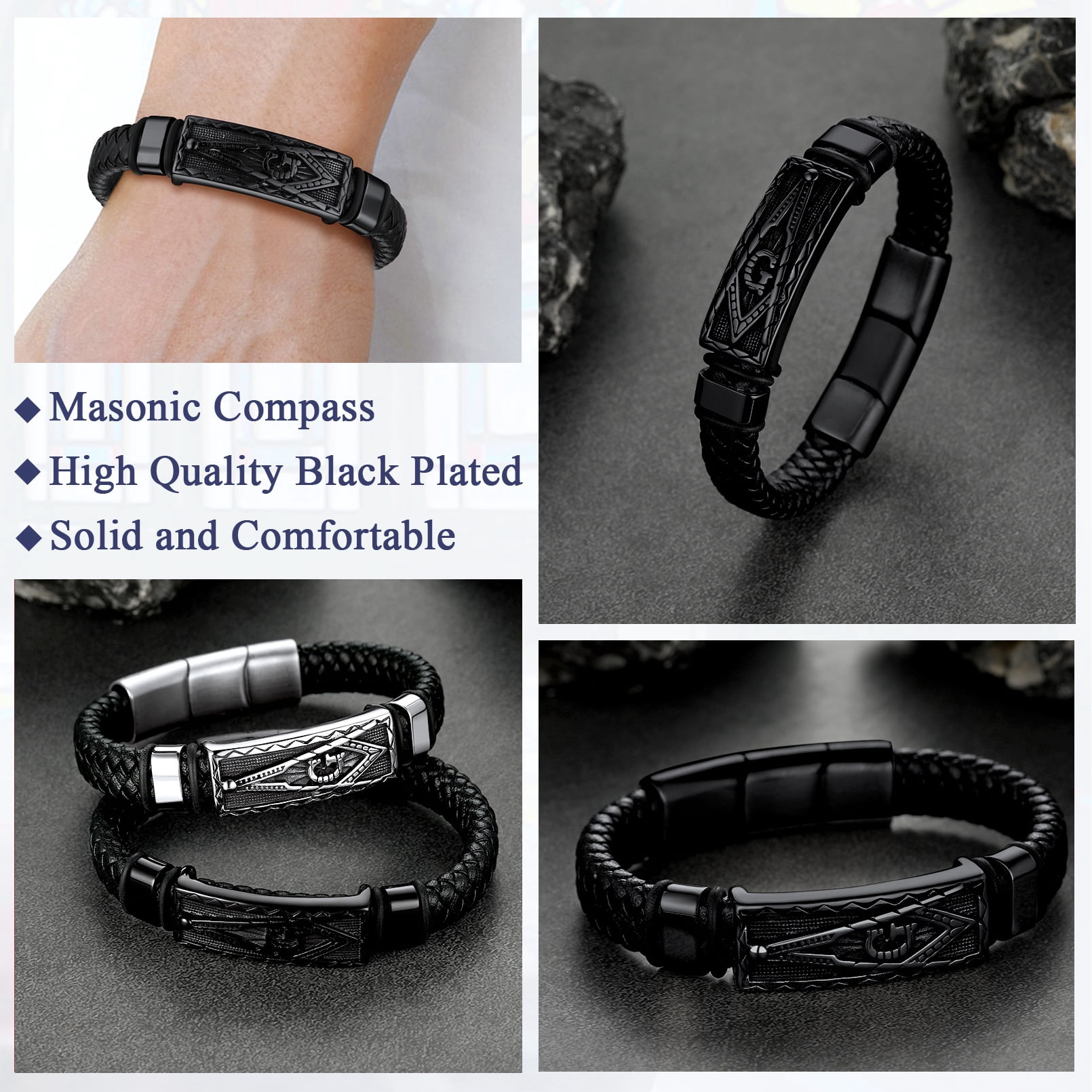 FaithHeart Black Leather Bracelet for Men Stainless Steel Thor's Hammer Bangles Braided Wristband Waterproof Punk Cuff Charm Bracelet Buckle Clasp Jewelry Gift for Boyfriend Husband Valentine's Day