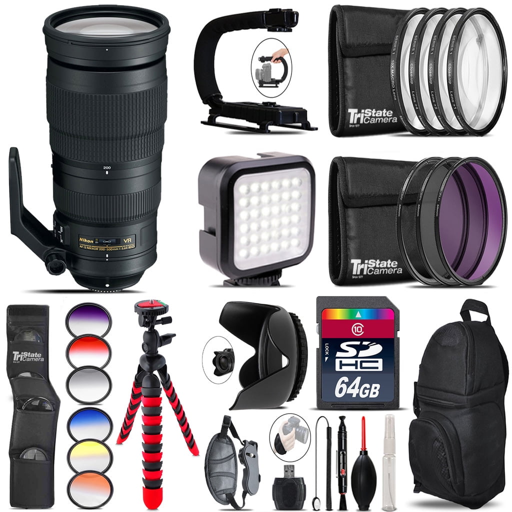 Nikon AFS 200500mm VR Lens Video Kit + Color Filter 64GB