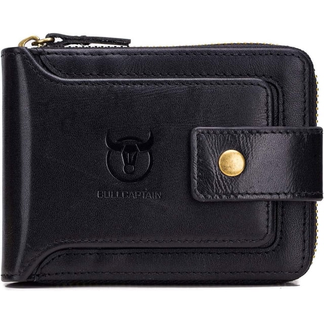 Bullcaptain Genuine Leather Wallet for Men Large Capacity ID Window Card Case with Zip