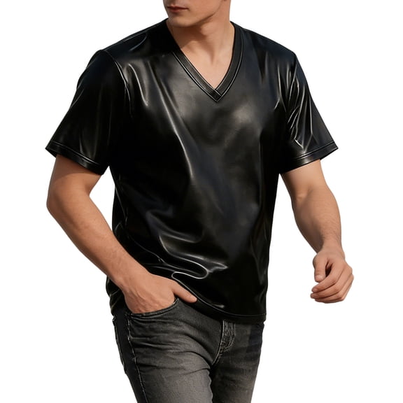 JAJAHO Short Sleeve T Shirt Men PU Leather Shirts V Neck Party Tee Night Out Clubwear Classic Tops