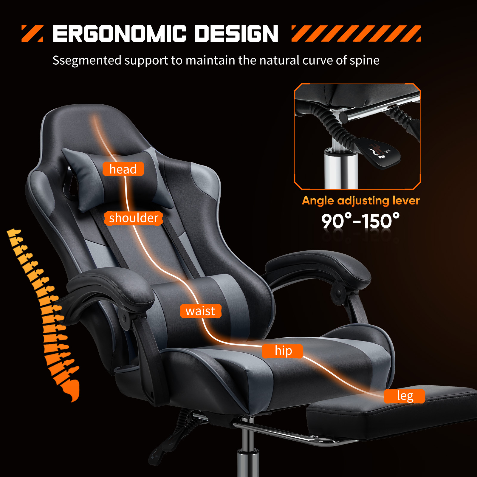 Easy4Home Gaming Chair with Sofa Spring Cushion, Ergonomic Office Chair with Lumbar Support and Footrest, High Back Computer Game Chair for Adults, Black&Gray