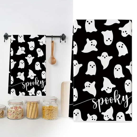 HmNPlay Halloween Kitchen Towels 2 Pack 100% Cotton 18x28 Inch Absorbent Dish Towels with Pumpkin Bat Ghost Design Fall Home Decor for Kitchen Bathroom Holiday Hostess Gift
