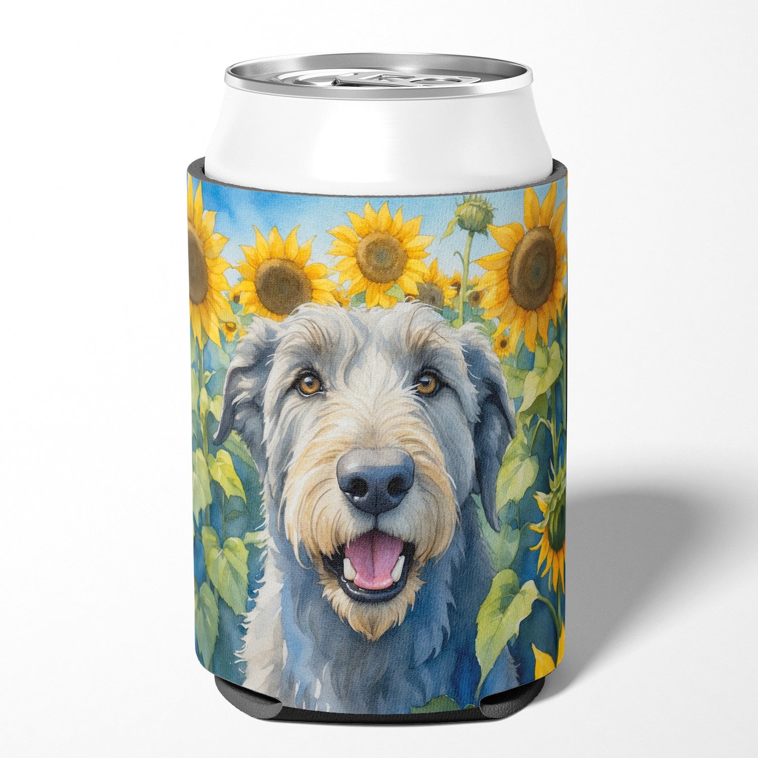 Irish Wolfhound in Sunflowers Can or Bottle Hugger 3 in x 5 in