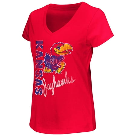 Kansas Jayhawks Mat - Womens NCAA Kansas Jayhawks Short Sleeve V-Neck Tee Shirt (Team Color)