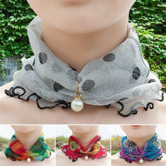Skymirror Women Sunscreen Neck Collar Faux Pearl Decor Organza Chiffon Scarf Printing Sheer Trim Loop Scarf Neck Accessory
