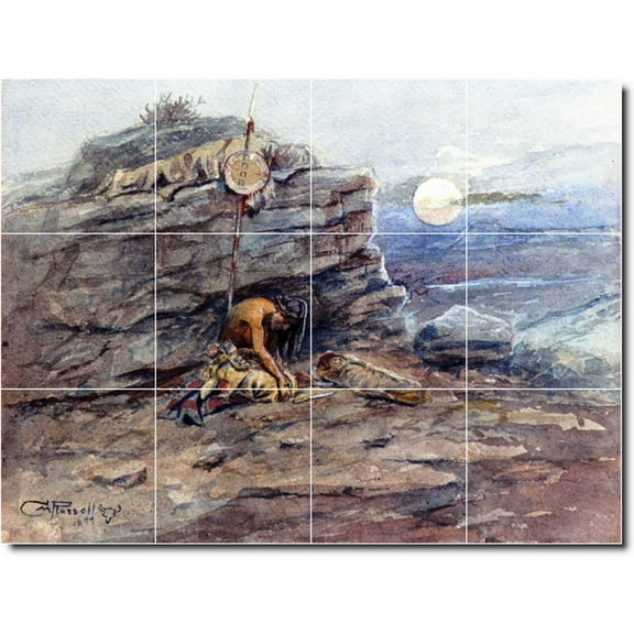 Ceramic Tile Mural-Charles Russell Indians Backsplash Tile Mural 1. 17" w x 12.75" h using (12) 4.25 x 4.25 ceramic tiles